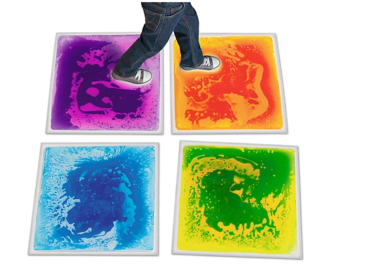 Colorful tiles that squish when stepped on. This causes two colors to blend together.