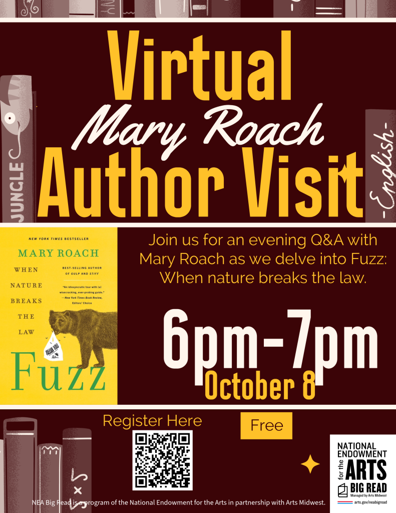 Virtual author visit from Mary Roach flyer. 6pm to 7pm on October 8